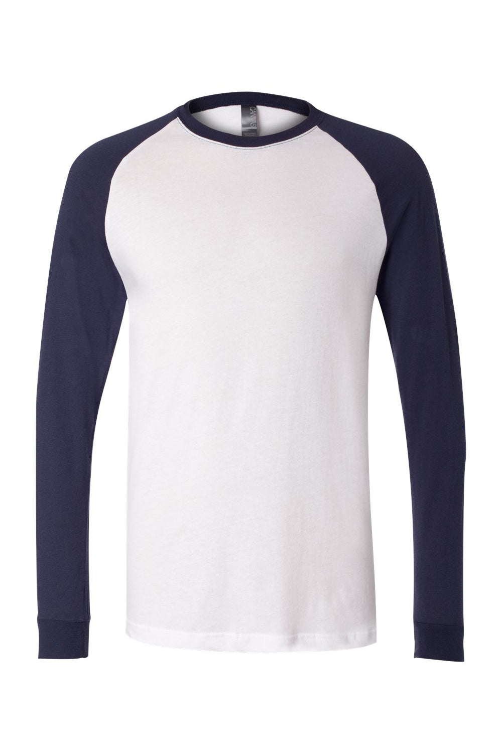Bella + Canvas 3000C/3000 Mens Jersey Long Sleeve Crewneck T-Shirt White/Navy Blue Flat Front