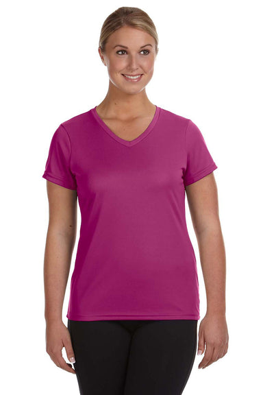 Augusta Sportswear 1790 Womens Moisture Wicking Short Sleeve V-Neck T-Shirt Power Pink Model Front