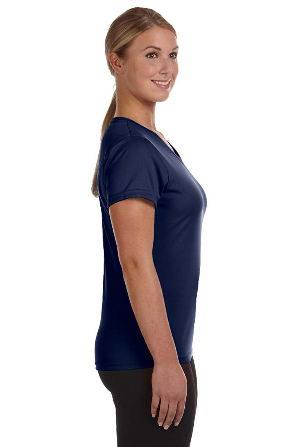 Augusta Sportswear 1790 Womens Moisture Wicking Short Sleeve V-Neck T-Shirt Navy Blue Model Side