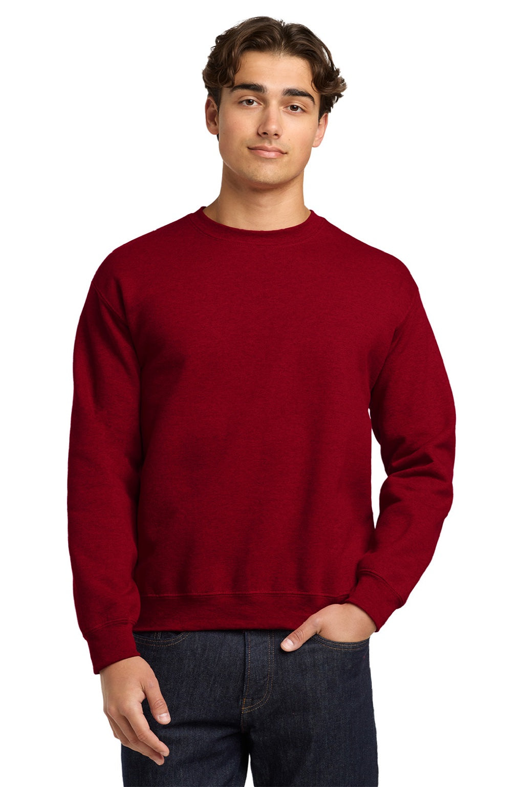 Gildan 18000 Mens Pill Resistant Fleece Crewneck Sweatshirt Antique Cherry Red Model Front
