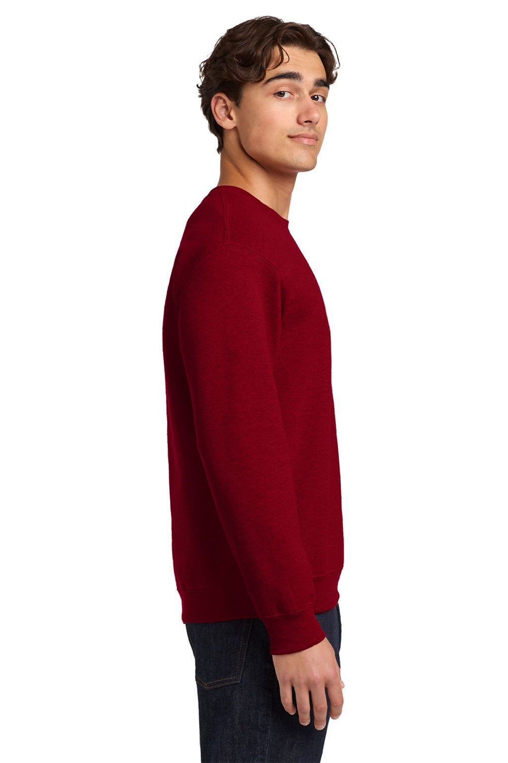 Gildan 18000 Mens Pill Resistant Fleece Crewneck Sweatshirt Antique Cherry Red Model Side