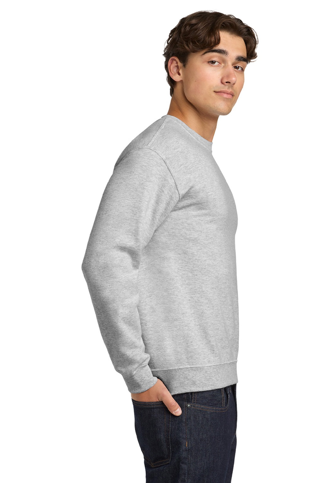 Gildan 18000 Mens Pill Resistant Fleece Crewneck Sweatshirt Ash Grey Model Side