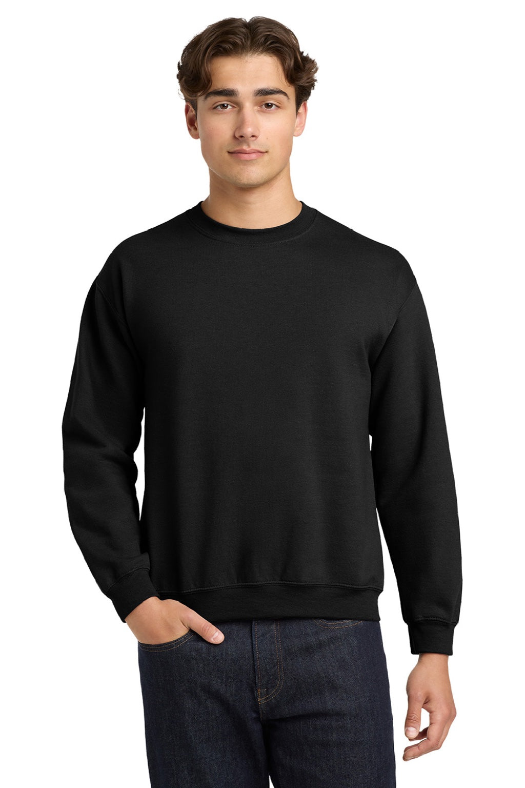 Gildan 18000 Mens Pill Resistant Fleece Crewneck Sweatshirt Black Model Front