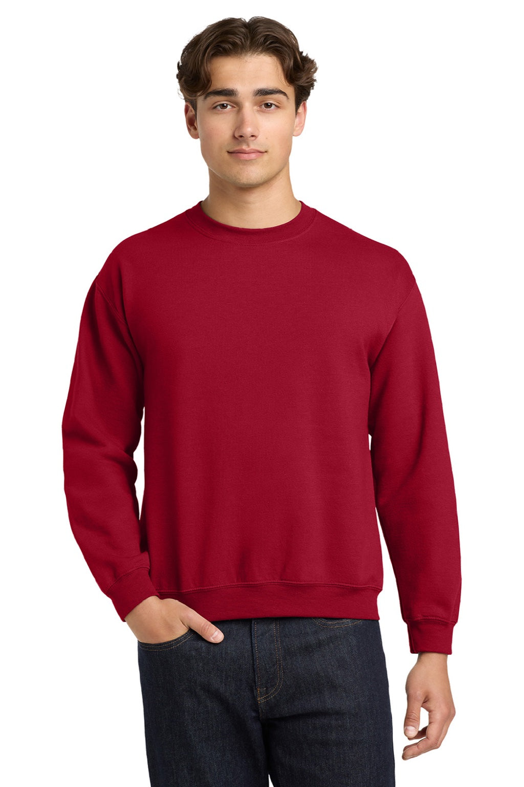 Gildan 18000 Mens Pill Resistant Fleece Crewneck Sweatshirt Cardinal Red Model Front