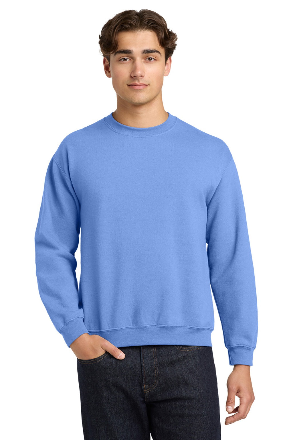 Gildan 18000 Mens Pill Resistant Fleece Crewneck Sweatshirt Carolina Blue Model Front