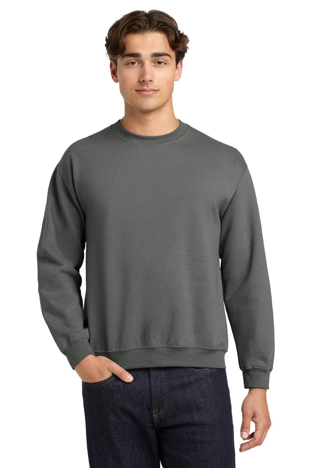 Gildan 18000 Mens Pill Resistant Fleece Crewneck Sweatshirt Charcoal Grey Model Front