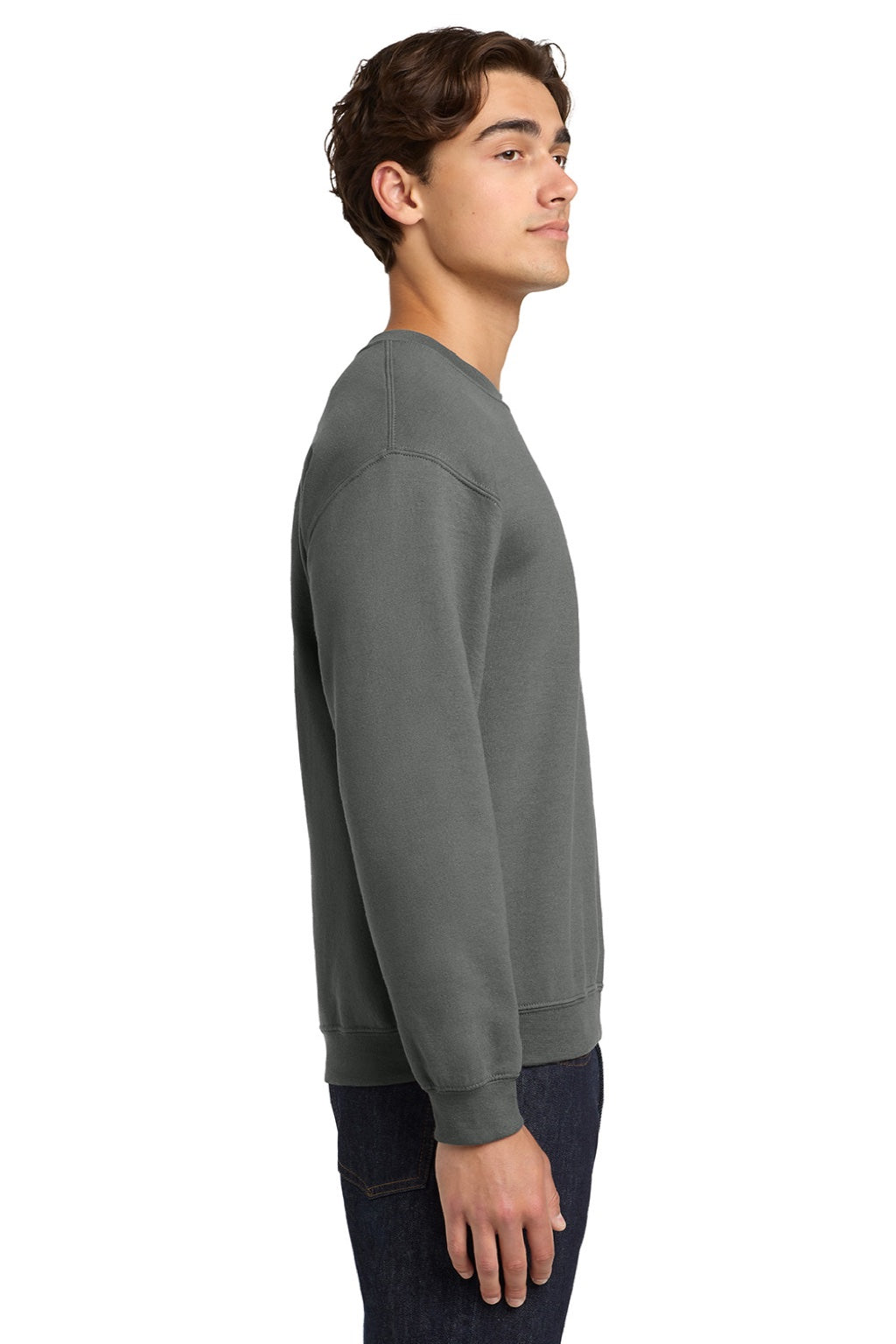 Gildan 18000 Mens Pill Resistant Fleece Crewneck Sweatshirt Charcoal Grey Model Side