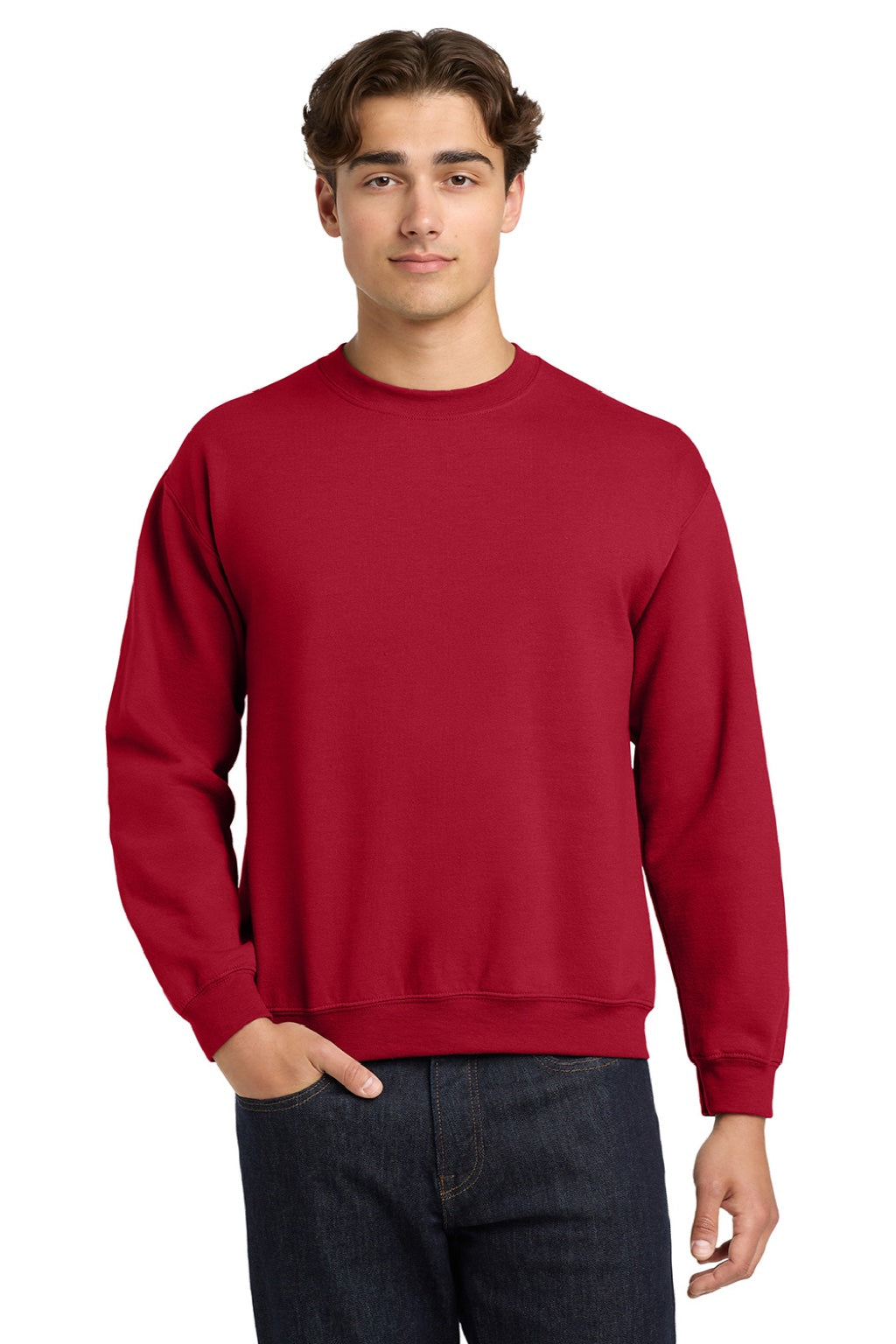 Gildan 18000 Mens Pill Resistant Fleece Crewneck Sweatshirt Cherry Red Model Front