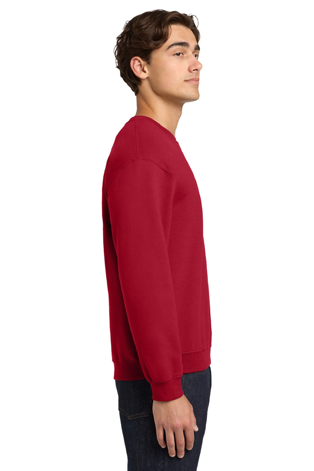 Gildan 18000 Mens Pill Resistant Fleece Crewneck Sweatshirt Cherry Red Model Side