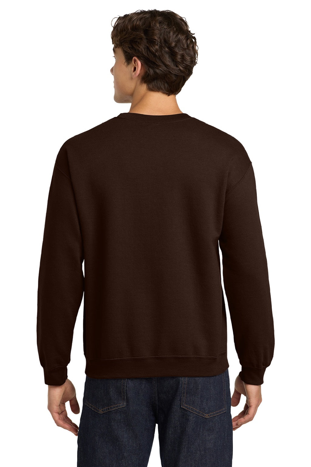 Gildan 18000 Mens Pill Resistant Fleece Crewneck Sweatshirt Dark Chocolate Brown Model Back