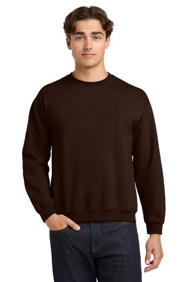 Gildan 18000 Mens Pill Resistant Fleece Crewneck Sweatshirt Dark Chocolate Brown Model Front