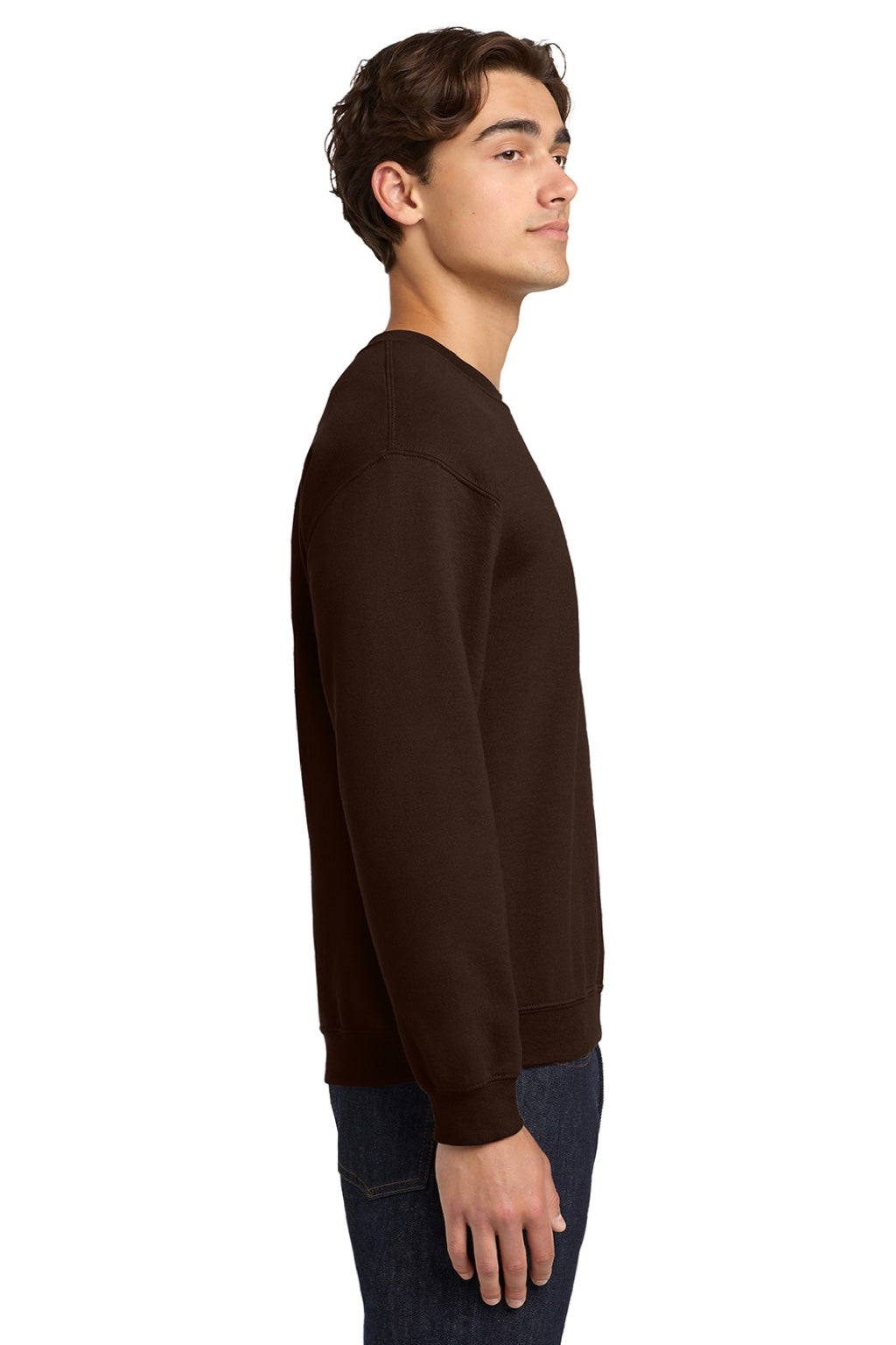Gildan 18000 Mens Pill Resistant Fleece Crewneck Sweatshirt Dark Chocolate Brown Model Side