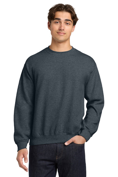 Gildan 18000 Mens Pill Resistant Fleece Crewneck Sweatshirt Heather Dark Grey Model Front