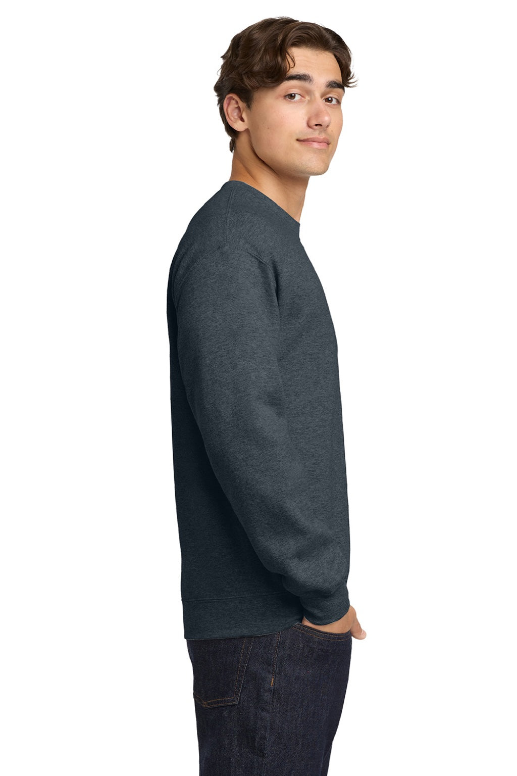 Gildan 18000 Mens Pill Resistant Fleece Crewneck Sweatshirt Heather Dark Grey Model Side