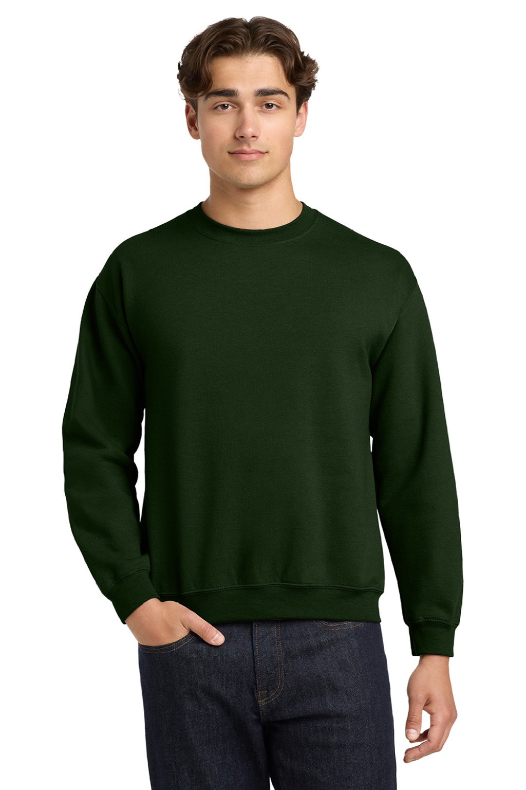 Gildan 18000 Mens Pill Resistant Fleece Crewneck Sweatshirt Forest Green Model Front