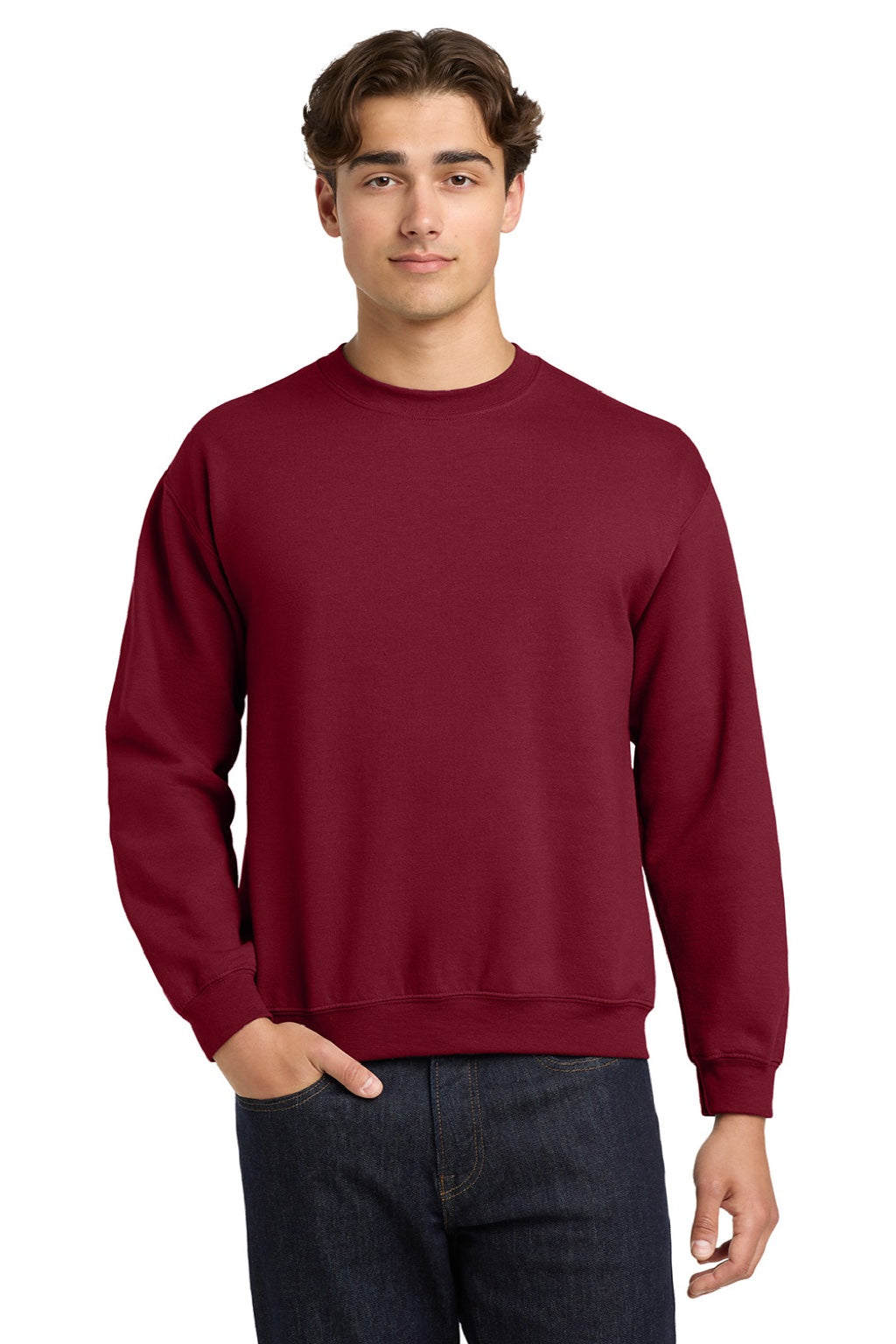 Gildan 18000 Mens Pill Resistant Fleece Crewneck Sweatshirt Garnet Red Model Front
