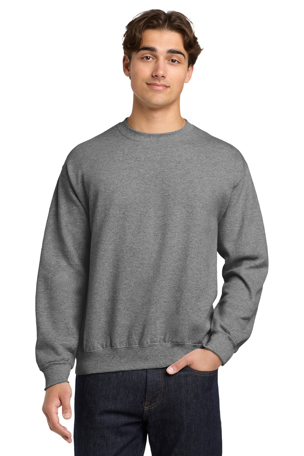 Gildan 18000 Mens Pill Resistant Fleece Crewneck Sweatshirt Heather Graphite Grey Model Front
