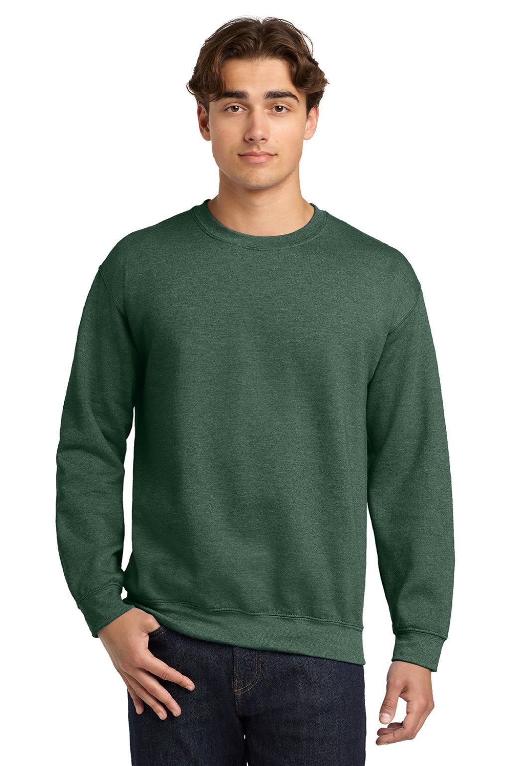 Gildan 18000 Mens Pill Resistant Fleece Crewneck Sweatshirt Heather Dark Green Model Front