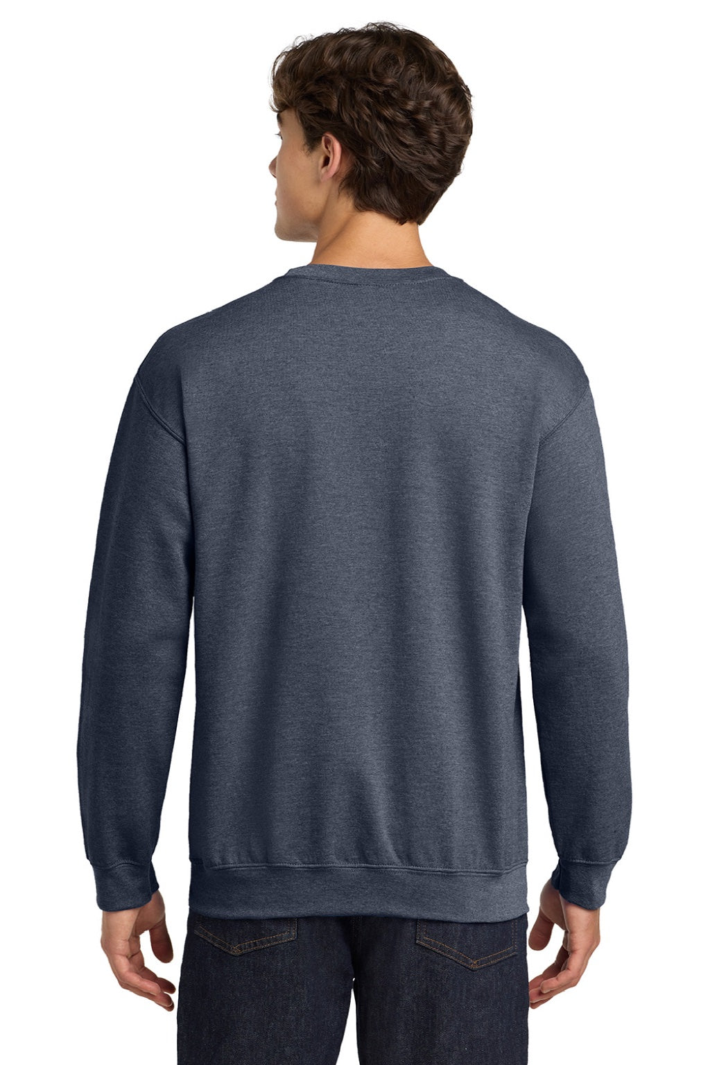 Gildan 18000 Mens Pill Resistant Fleece Crewneck Sweatshirt Heather Dark Navy Blue Model Back