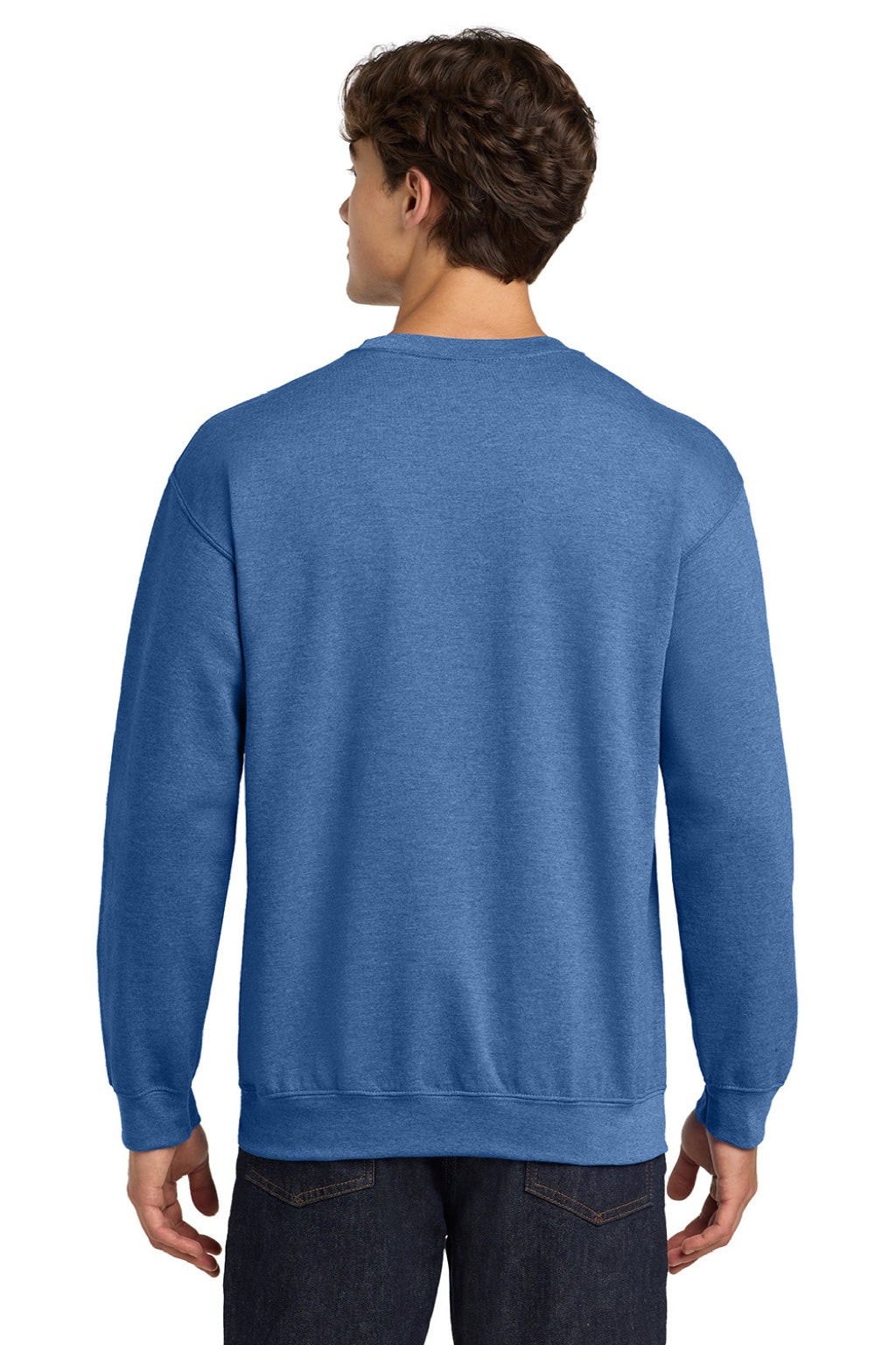 Gildan 18000 Mens Pill Resistant Fleece Crewneck Sweatshirt Heather Deep Royal Blue Model Back