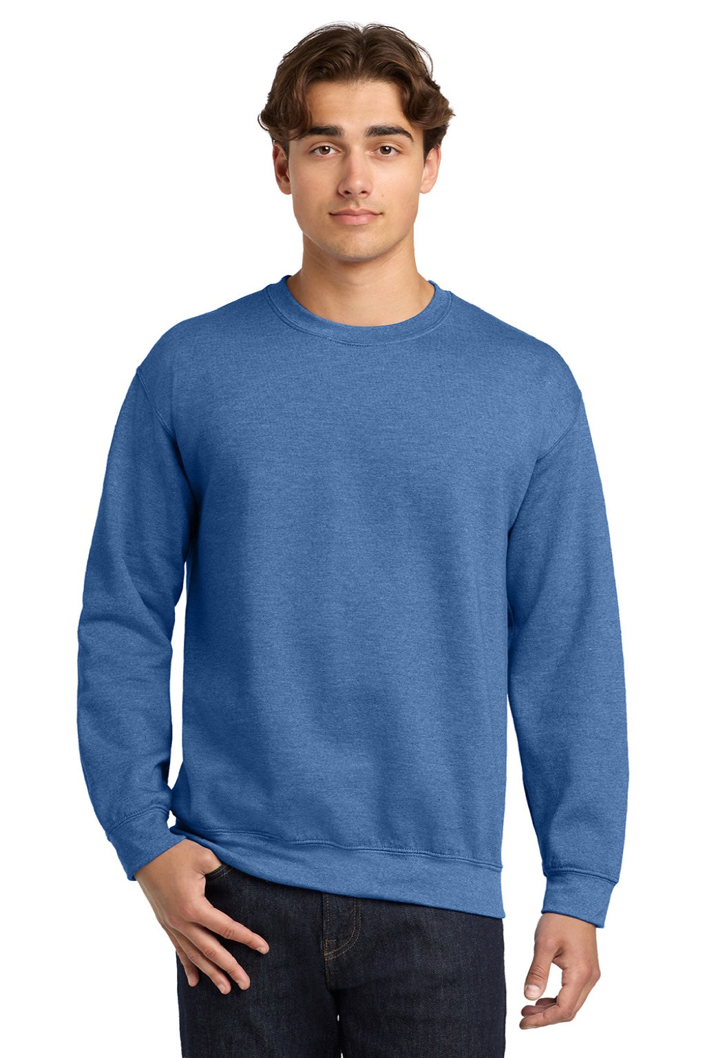 Gildan 18000 Mens Pill Resistant Fleece Crewneck Sweatshirt Heather Deep Royal Blue Model Front