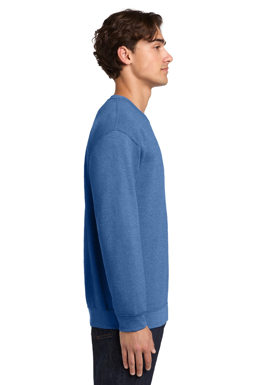 Gildan 18000 Mens Pill Resistant Fleece Crewneck Sweatshirt Heather Deep Royal Blue Model Side
