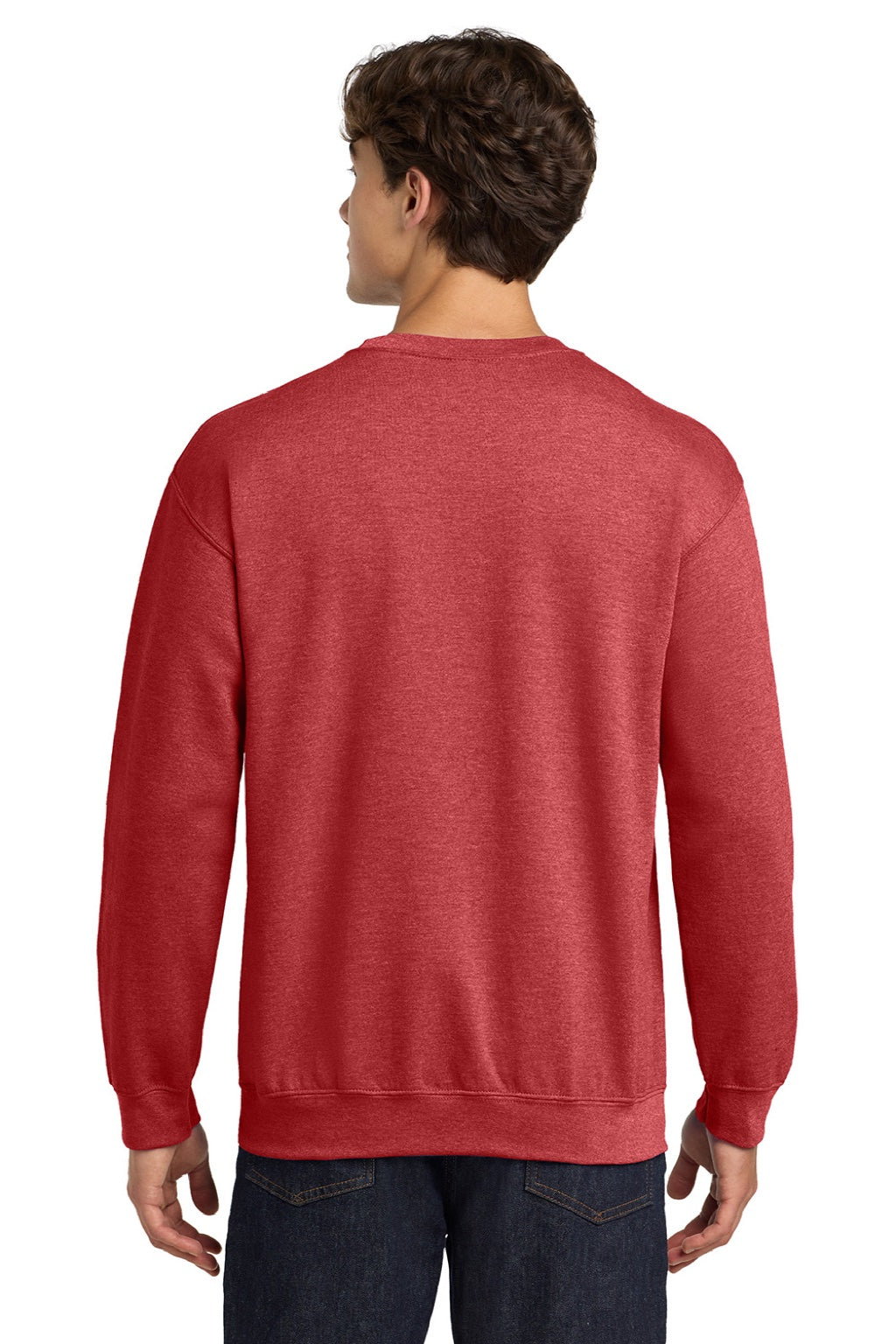 Gildan 18000 Mens Pill Resistant Fleece Crewneck Sweatshirt Heather Scarlet Red Model Back