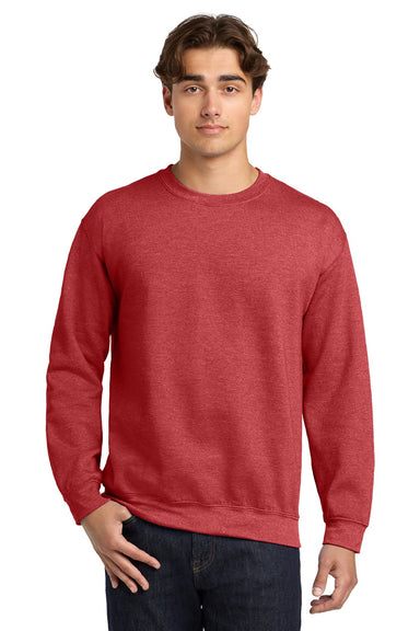 Gildan 18000 Mens Pill Resistant Fleece Crewneck Sweatshirt Heather Scarlet Red Model Front