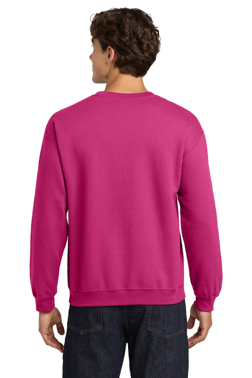 Gildan 18000 Mens Pill Resistant Fleece Crewneck Sweatshirt Heliconia Pink Model Back