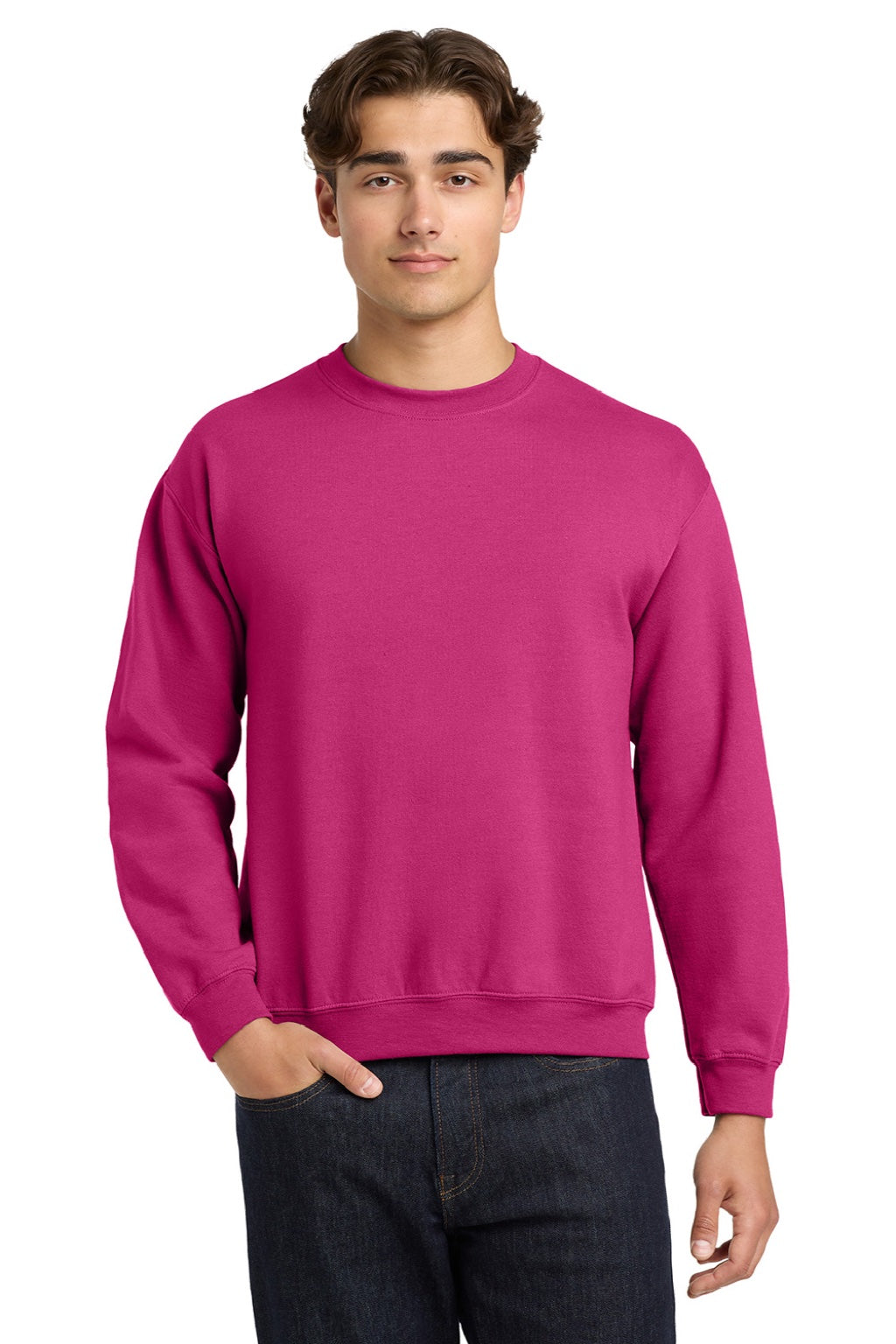 Gildan 18000 Mens Pill Resistant Fleece Crewneck Sweatshirt Heliconia Pink Model Front