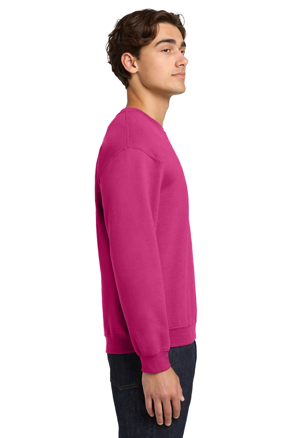 Gildan 18000 Mens Pill Resistant Fleece Crewneck Sweatshirt Heliconia Pink Model Side