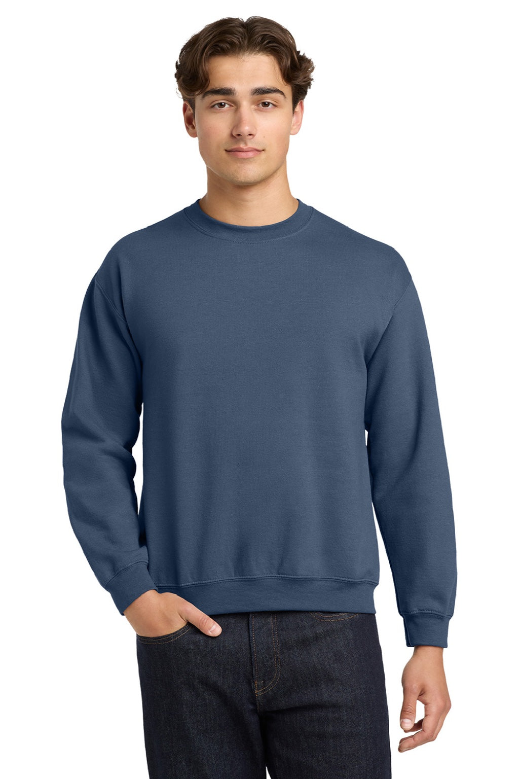 Gildan 18000 Mens Pill Resistant Fleece Crewneck Sweatshirt Indigo Blue Model Front