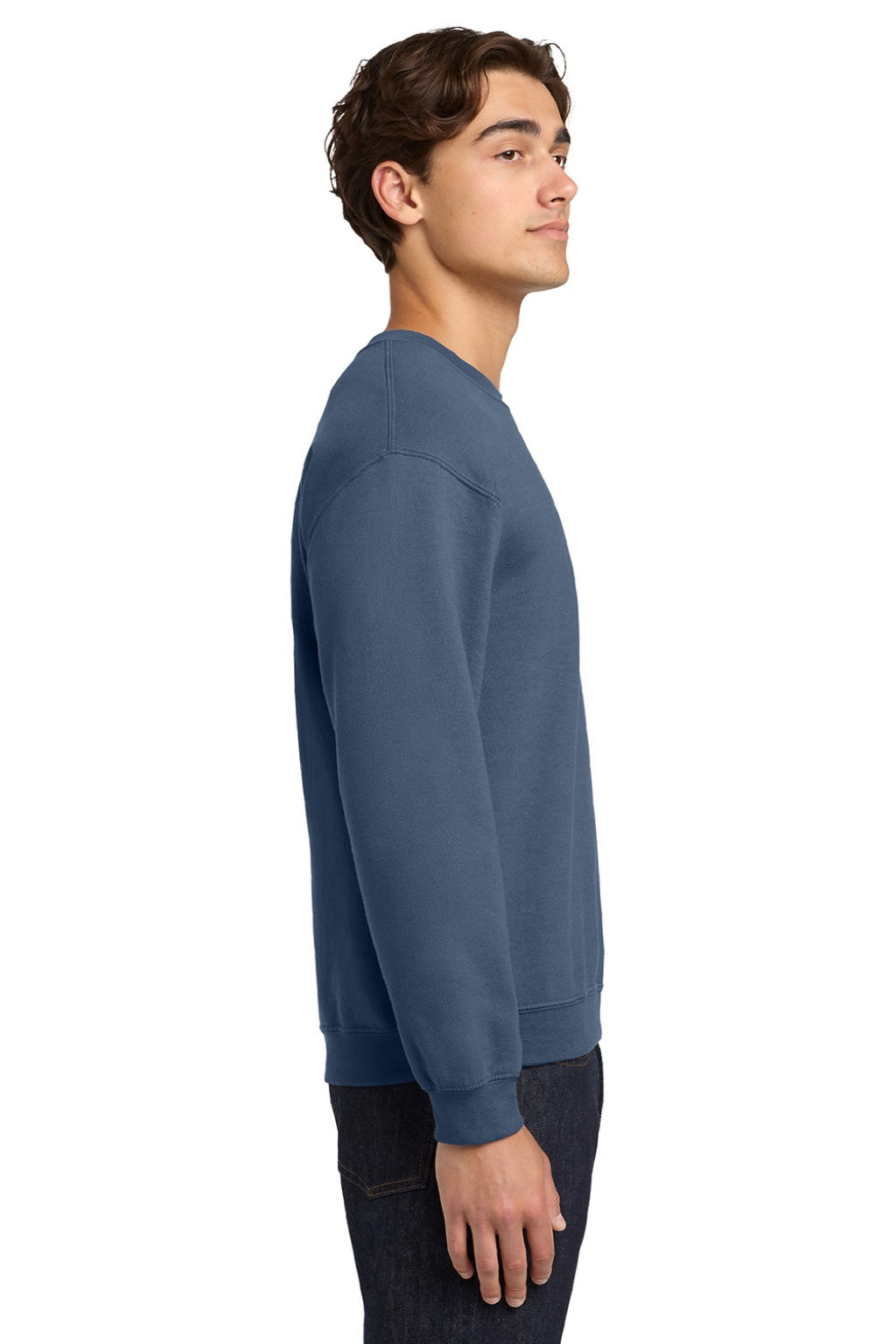 Gildan 18000 Mens Pill Resistant Fleece Crewneck Sweatshirt Indigo Blue Model Side