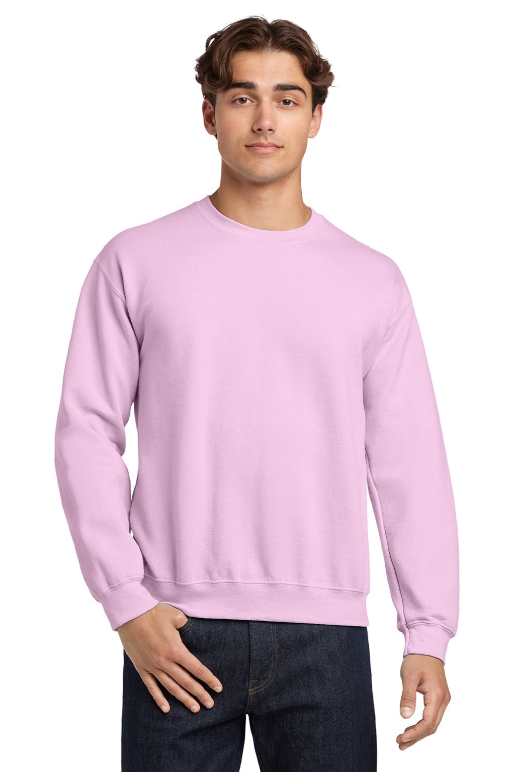 Gildan 18000 Mens Pill Resistant Fleece Crewneck Sweatshirt Light Pink Model Front