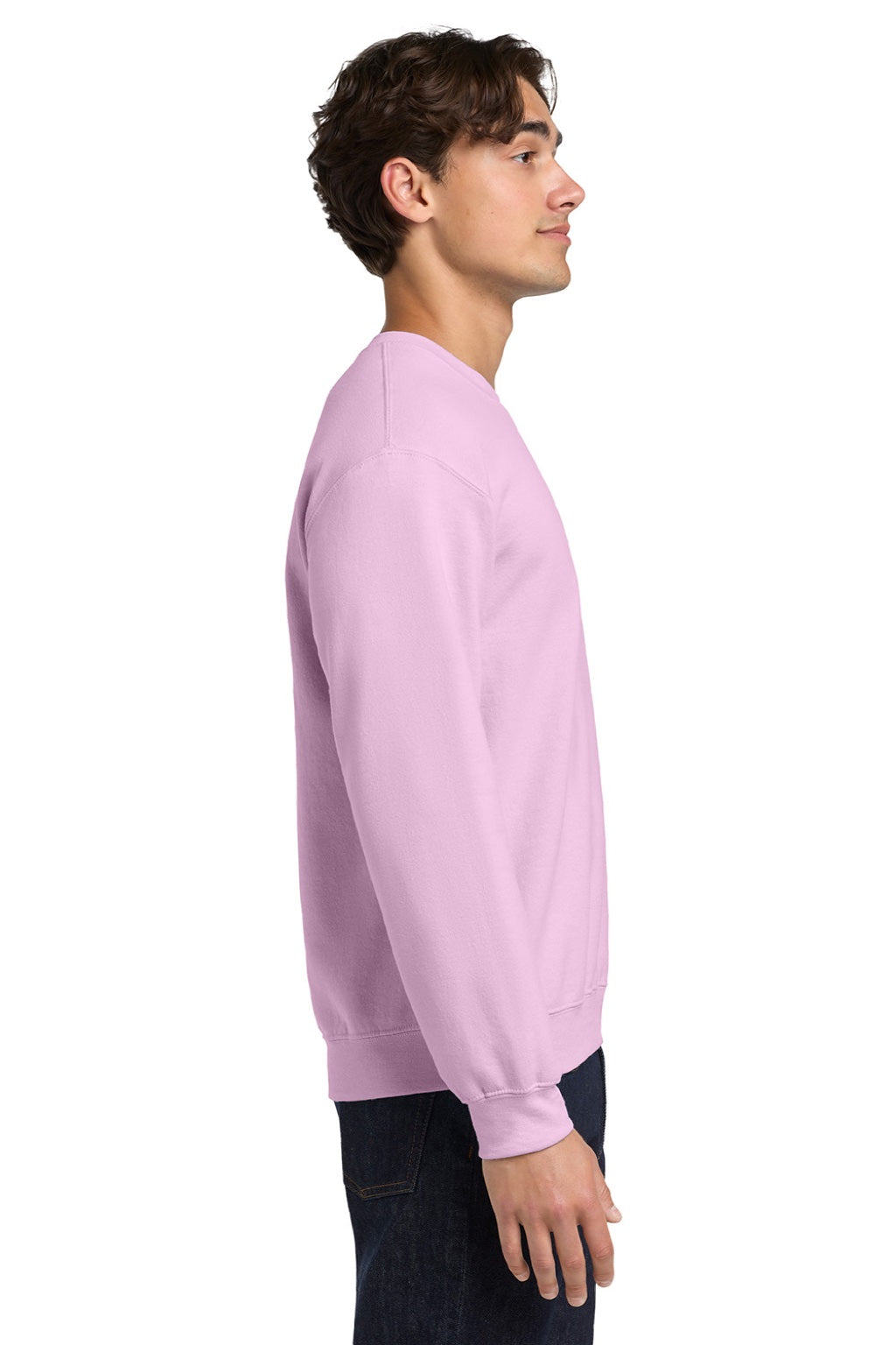Gildan 18000 Mens Pill Resistant Fleece Crewneck Sweatshirt Light Pink Model Side
