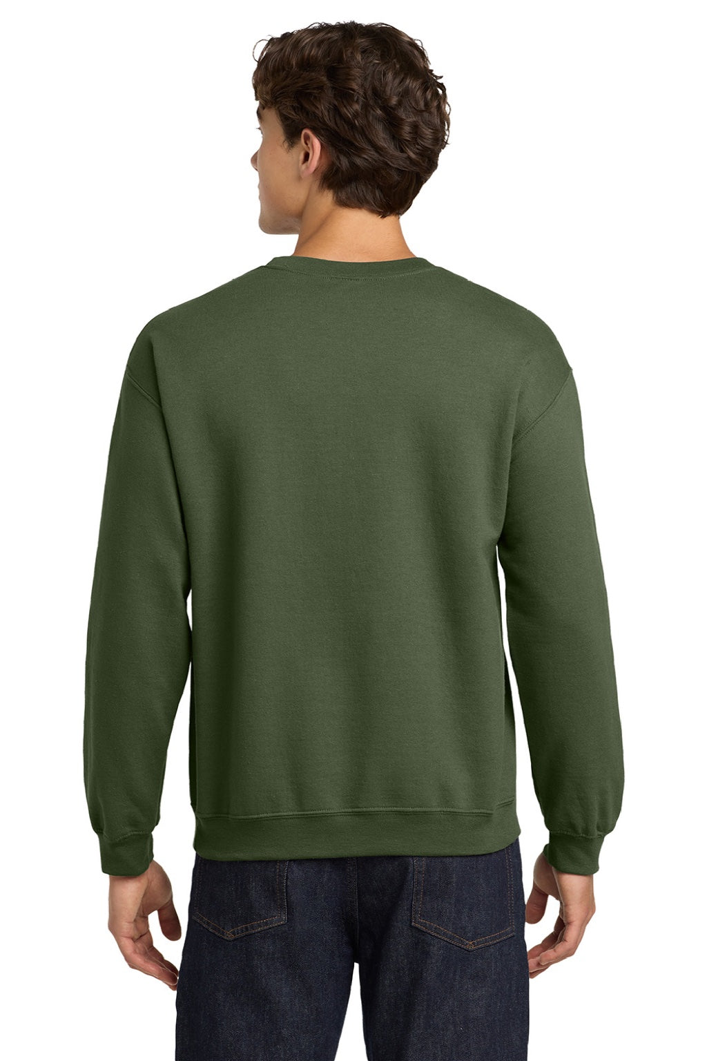 Gildan 18000 Mens Pill Resistant Fleece Crewneck Sweatshirt Military Green Model Back