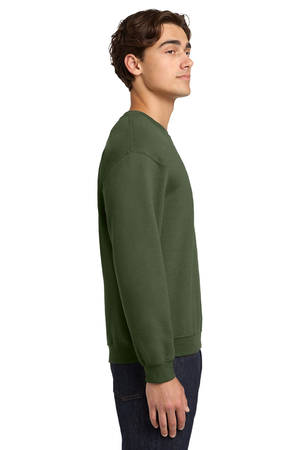 Gildan 18000 Mens Pill Resistant Fleece Crewneck Sweatshirt Military Green Model Side