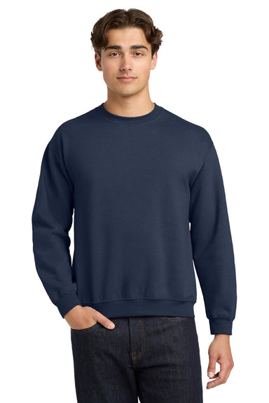 Gildan 18000 Mens Pill Resistant Fleece Crewneck Sweatshirt Navy Blue Model Front
