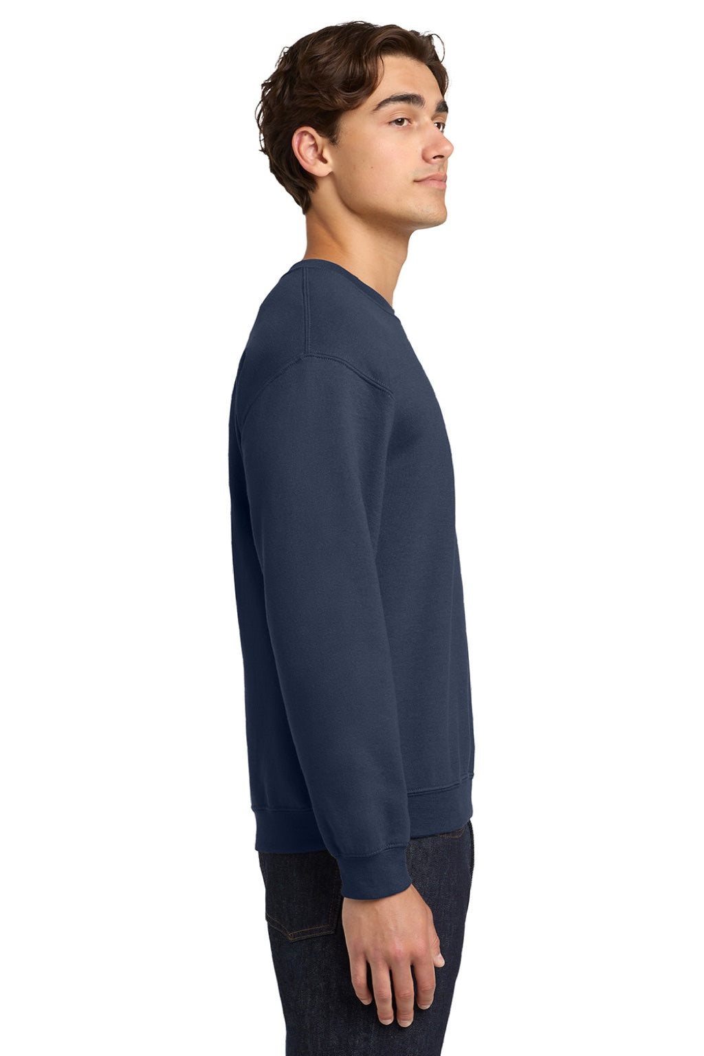 Gildan 18000 Mens Pill Resistant Fleece Crewneck Sweatshirt Navy Blue Model Side