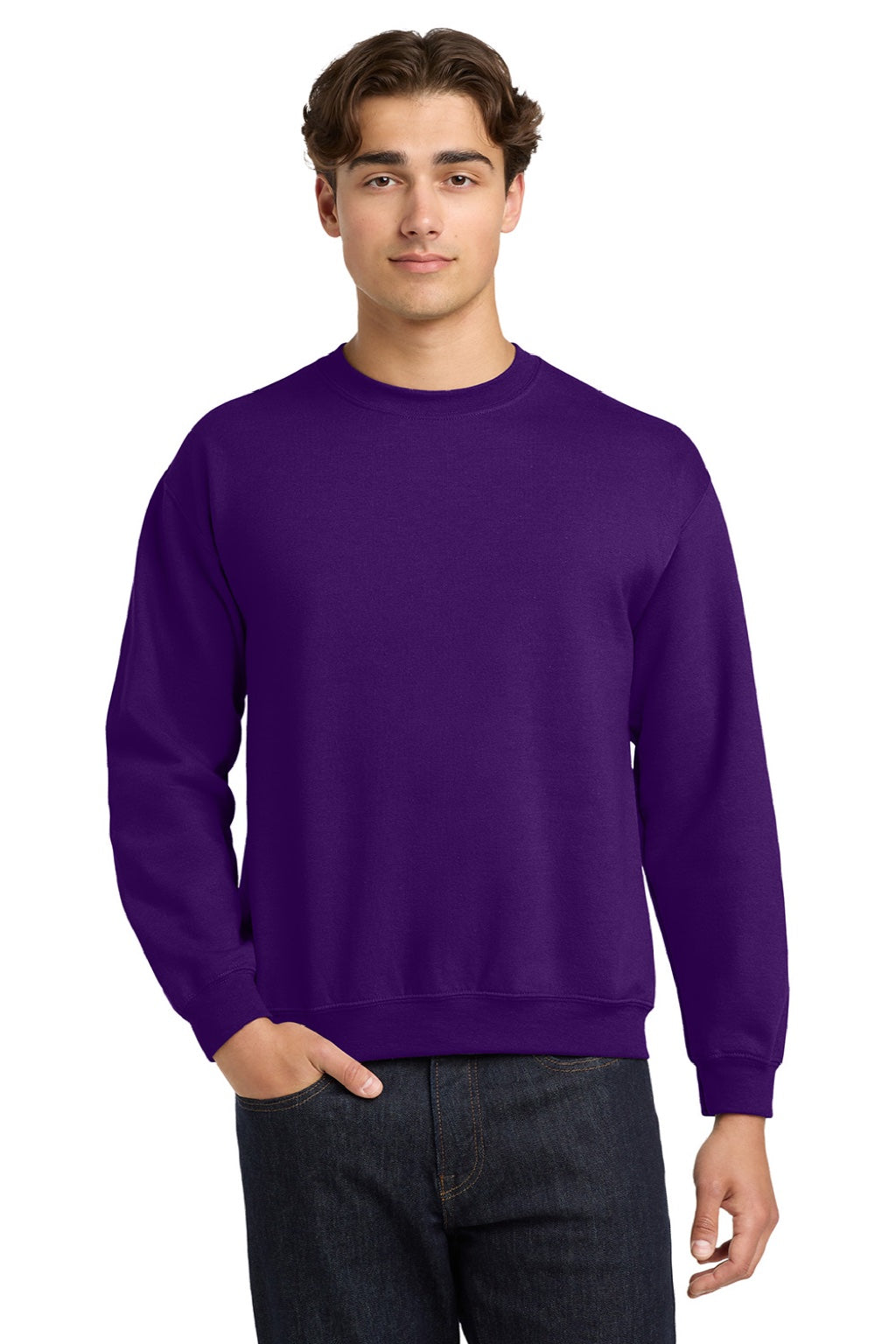 Gildan 18000 Mens Pill Resistant Fleece Crewneck Sweatshirt Purple Model Front