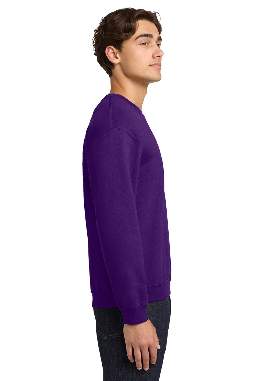 Gildan 18000 Mens Pill Resistant Fleece Crewneck Sweatshirt Purple Model Side