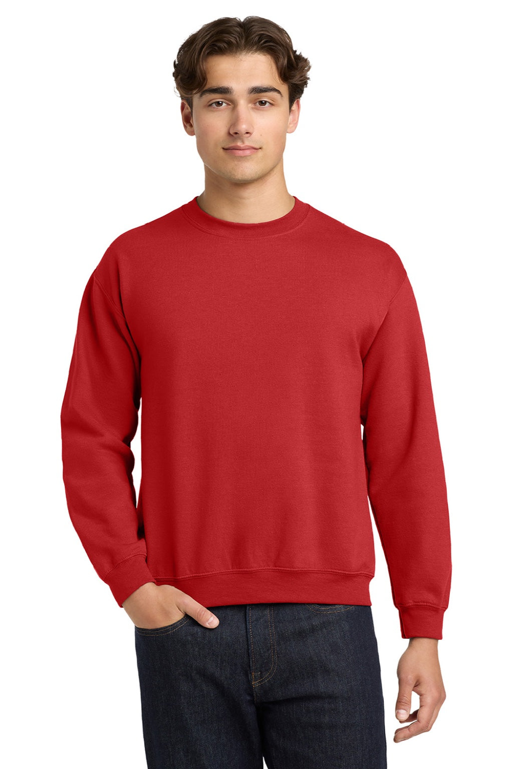 Gildan 18000 Mens Pill Resistant Fleece Crewneck Sweatshirt Red Model Front
