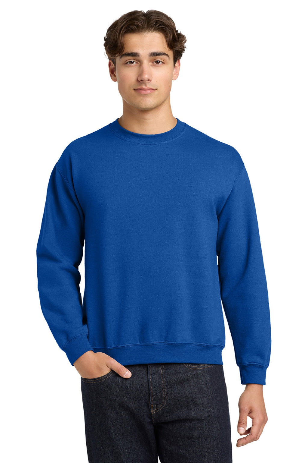 Gildan 18000 Mens Pill Resistant Fleece Crewneck Sweatshirt Royal Blue Model Front