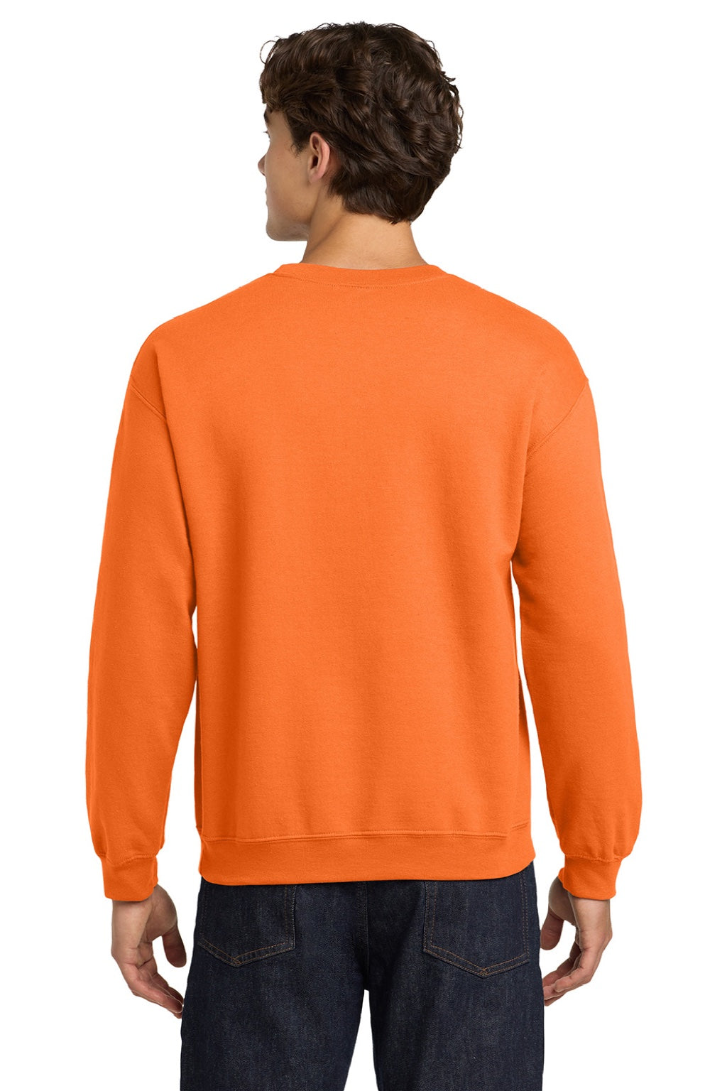 Gildan 18000 Mens Pill Resistant Fleece Crewneck Sweatshirt Safety Orange Model Back