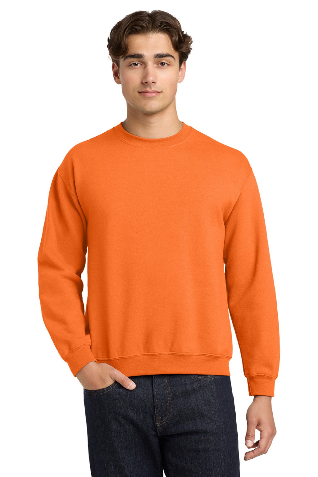 Gildan 18000 Mens Pill Resistant Fleece Crewneck Sweatshirt Safety Orange Model Front