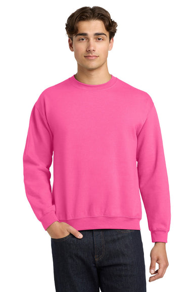 Gildan 18000 Mens Pill Resistant Fleece Crewneck Sweatshirt Safety Pink Model Front