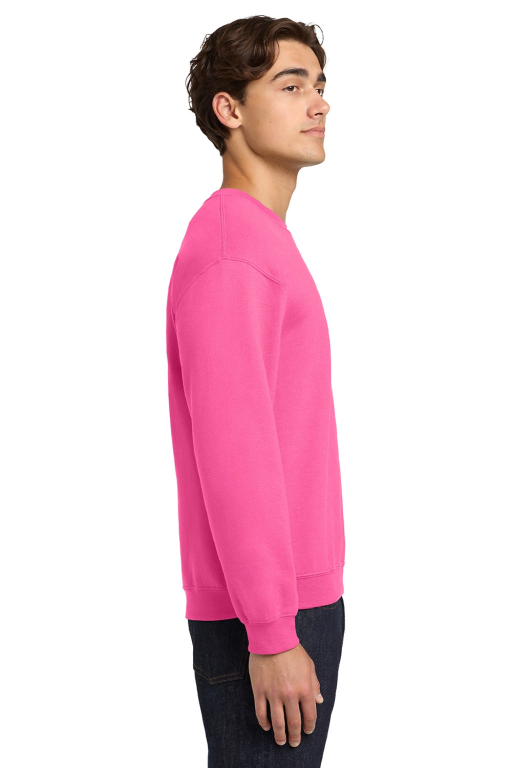 Gildan 18000 Mens Pill Resistant Fleece Crewneck Sweatshirt Safety Pink Model Side