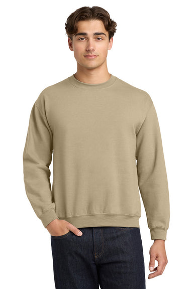 Gildan 18000 Mens Pill Resistant Fleece Crewneck Sweatshirt Sand Model Front
