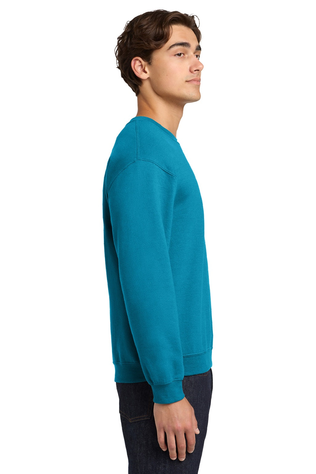 Gildan 18000 Mens Pill Resistant Fleece Crewneck Sweatshirt Sapphire Blue Model Side