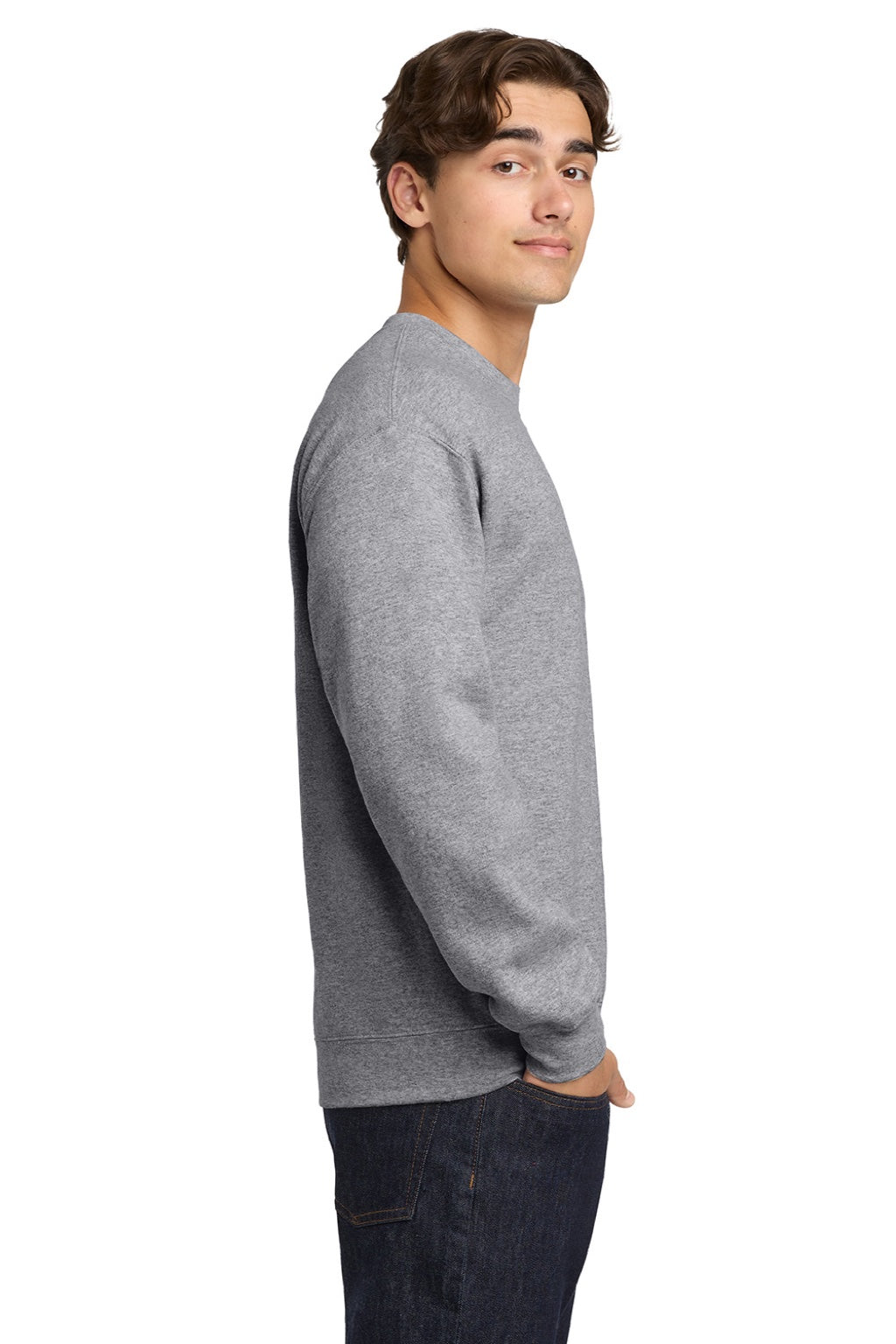 Gildan 18000 Mens Pill Resistant Fleece Crewneck Sweatshirt Sport Grey Model Side
